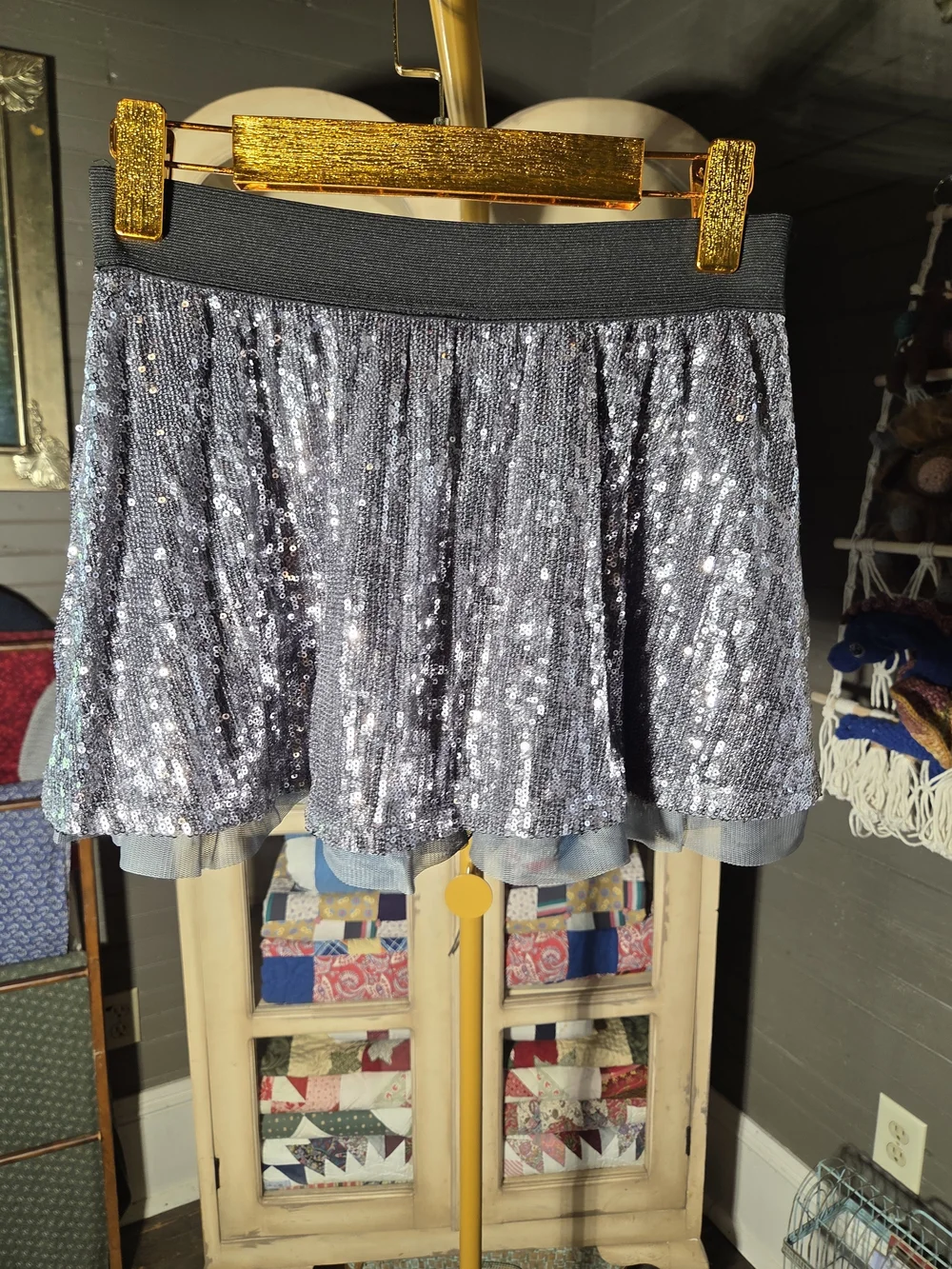The Children's Place Silver Sequin Flared Skirt with Black Waistband